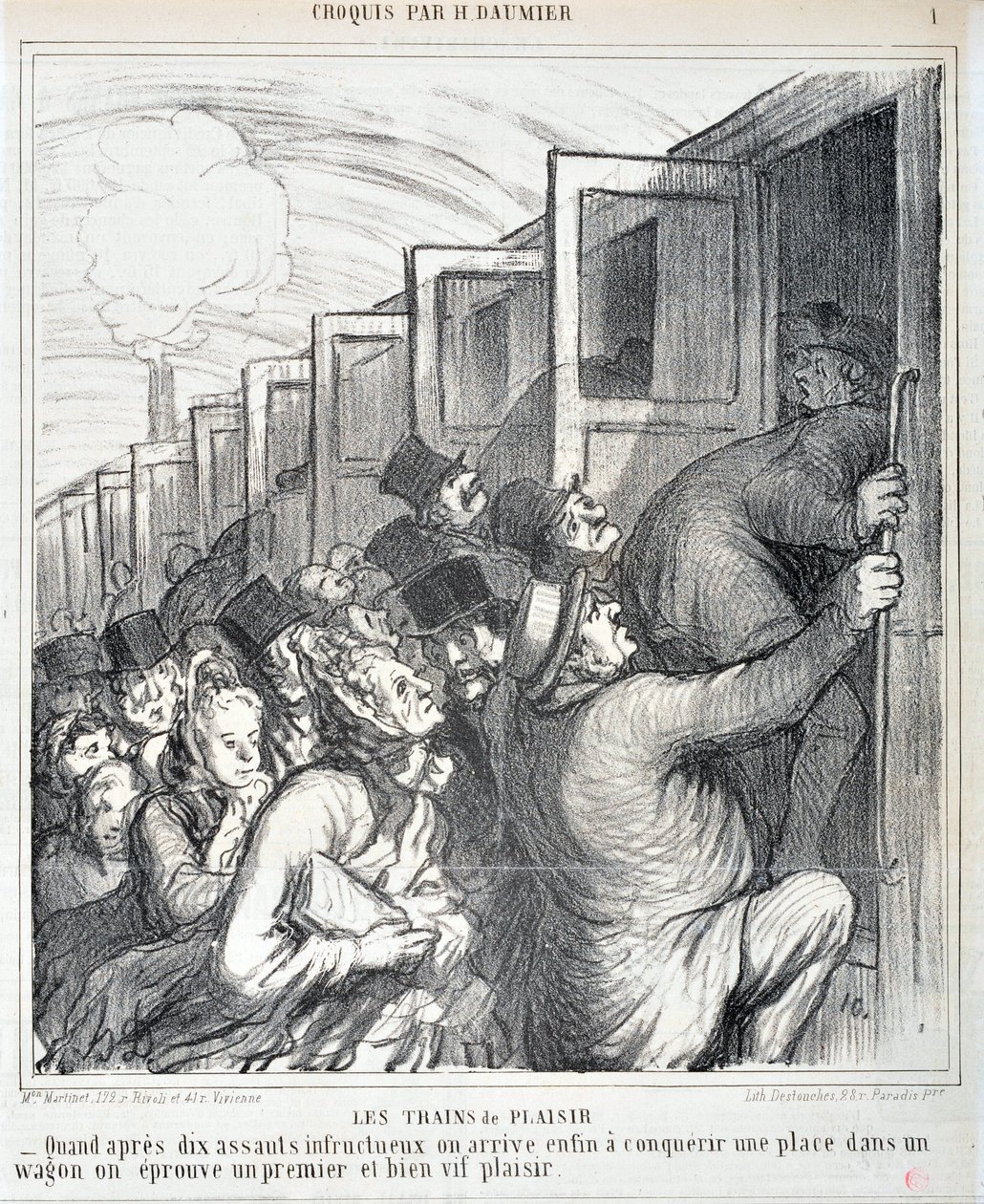 Kunstverk av Honore Daumier (1808-1879). Charivari stammer fra 1864: Serie Sketch Les trains de plaisir “” - Når vi etter ti mislykkede overgrep endelig får erobret en plass i en vogn, opplever vi en første og veldig livlig nytelse””” MUSEE DES BEAUX AR av Honoré Daumier