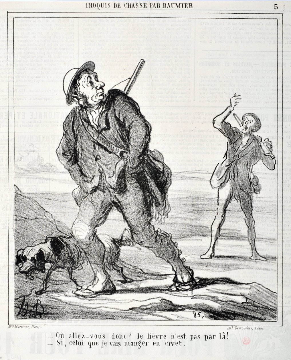 Kunstverk av Honore Daumier (1808-1879) Charivari stammer fra 1864: Serie Sketch de Chasse "" Ou va donc? Haren er ikke gjennom der! - Hvis den jeg skal spise i civet”” MUSEE DES BEAUX ARTS - PALAIS LONGCHAMP, MARSEILLE av Honoré Daumier