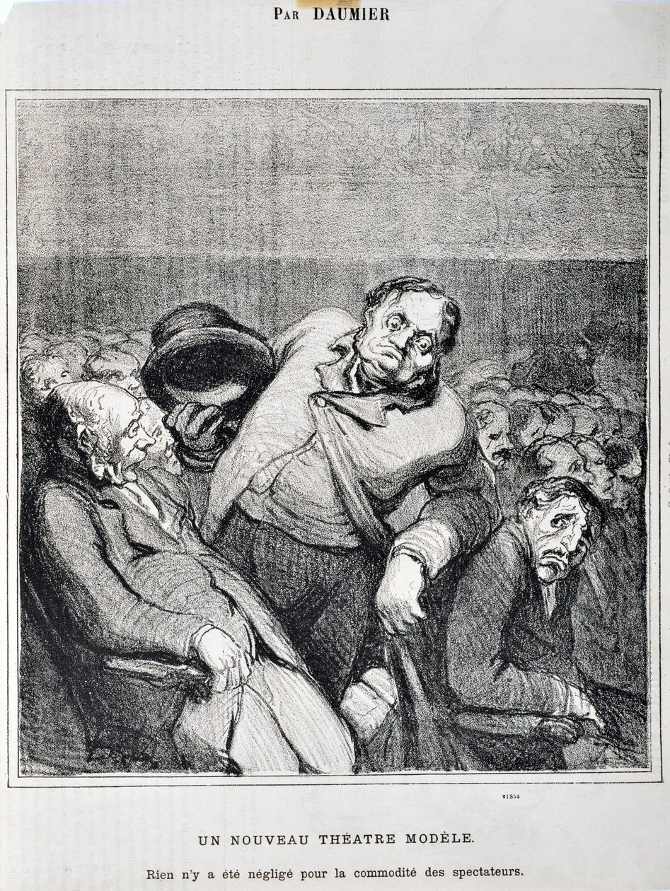 Kunstverk av Honore Daumier (1808-1879). Charivari stammer fra 1864: Serieskisser tatt på teatret En ny teatermodell. "Ingenting har blitt forsømt for tilskuernes bekvemmelighet"" MUSEE DES BEAUX ARTS - PALAIS LONGCHAMP, MARSEILLE av Honoré Daumier