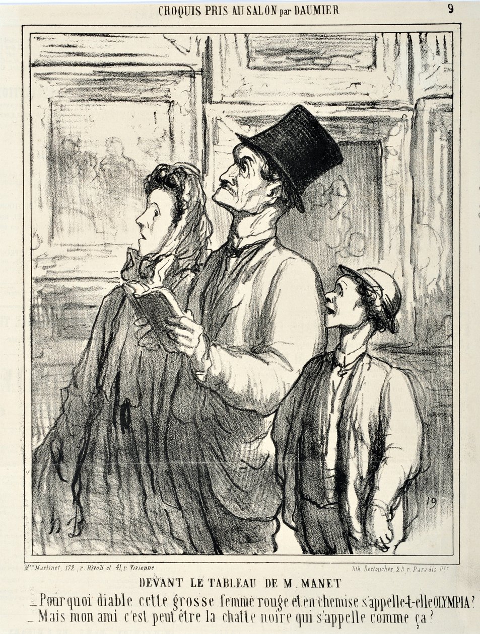 Kunstverk av Honore Daumier (1808-1879) Charivari stammer fra 1865: Serie CRUQUIS PAUIT I SALONGEN Foran et maleri av Manet “” -Hvorfor i helvete heter denne store røde kvinnen i en skjorte Olympia? – Men vennen min er kanskje den svarte katten som heter d av Honoré Daumier