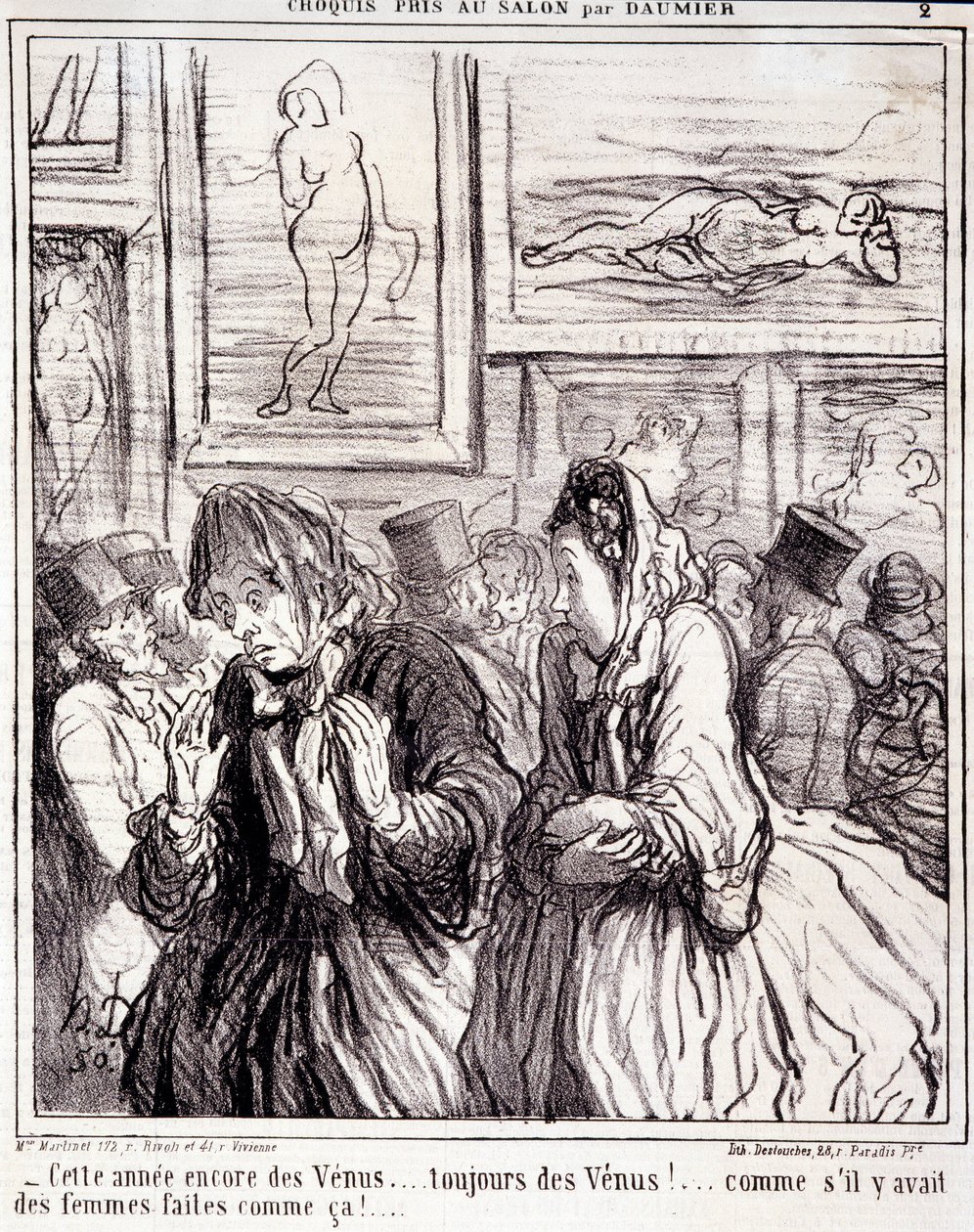 Kunstverk av Honore Daumier (1808-1879). Charivari stammer fra 1865: Serieskisser tatt på salongen- "" I år igjen Venus... alltid Venus!... som om det fantes slike kvinner!" Utdrag fra avisen “” Le Charivari”” Mål: 28x28cm. Inv av Honoré Daumier