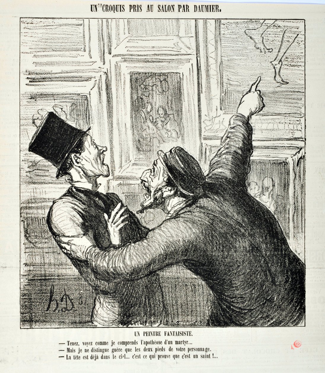 Kunstverk av Honore Daumier (1808-1879). Charivari stammer fra 1865: Serie Sketches Taken at the Salon En lunefull maler. "Her, se hvordan jeg forstår apoteosen til en martyr ... "Men jeg kan bare se de to føttene til din person.- Hodet er allerede i himme av Honoré Daumier