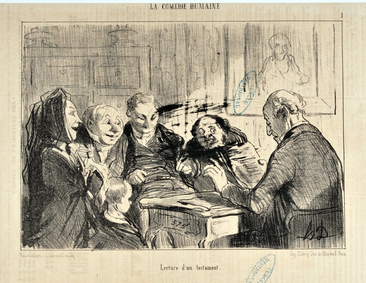 Kunstverk av Honore Daumier (1808-1879). I "" Le Charivari "" av 20. desember 1853: Serie LA COMEDIE HUMAN "" Lesing av et testamente "" "MUSEUM FOR FINE ARTS - PALAIS LONGCHAMP, MARSEILLE av Honoré Daumier