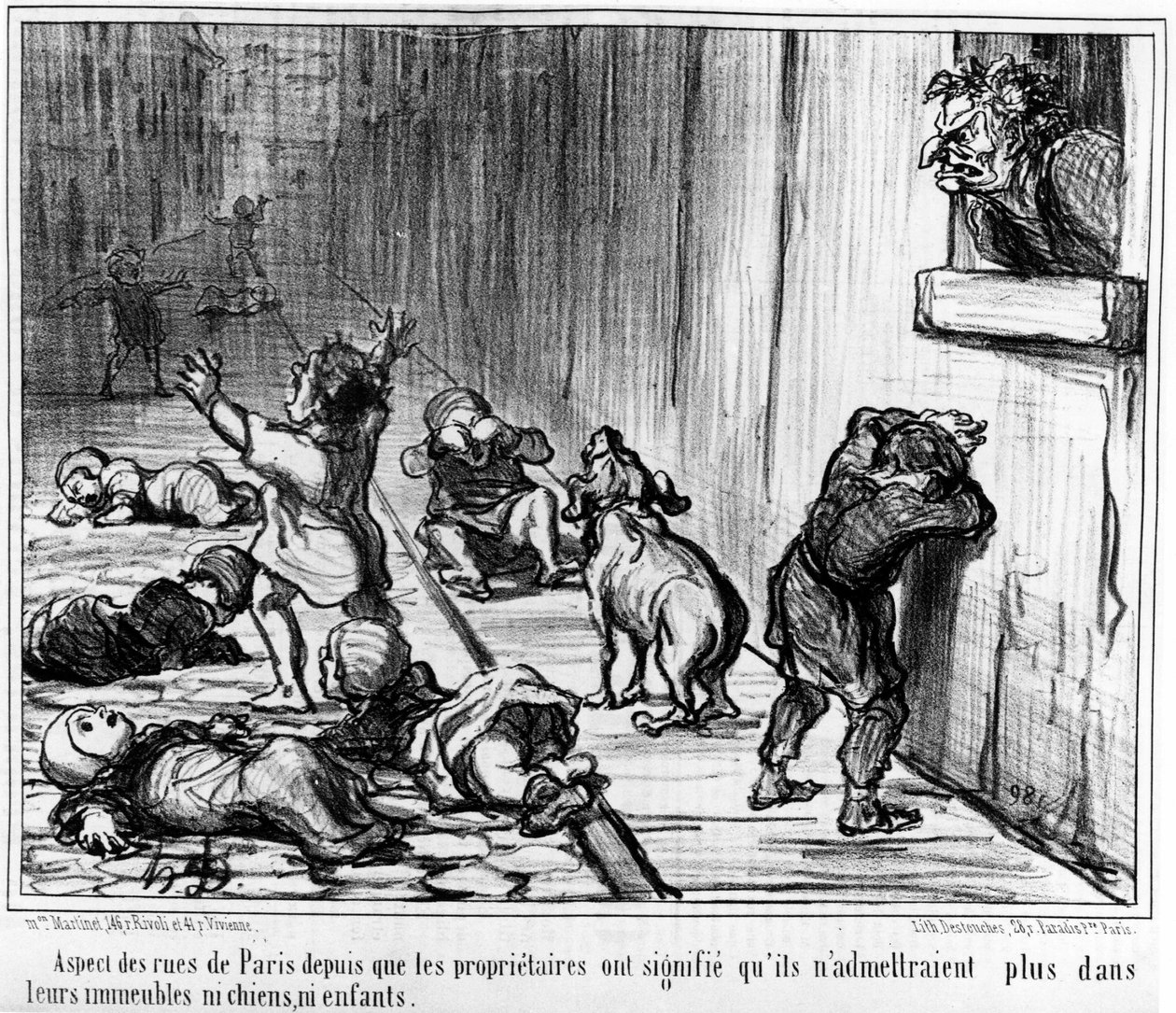 Aspekter av gatene i Paris siden eierne gjorde at de ikke lenger ville slippe inn i bygningene sine verken hunder eller barn, hentet fra "" Tenants et Proprietaires", en serie tegneserier av Honore Daumier (1808-1879). “Charivari” av Honoré Daumier