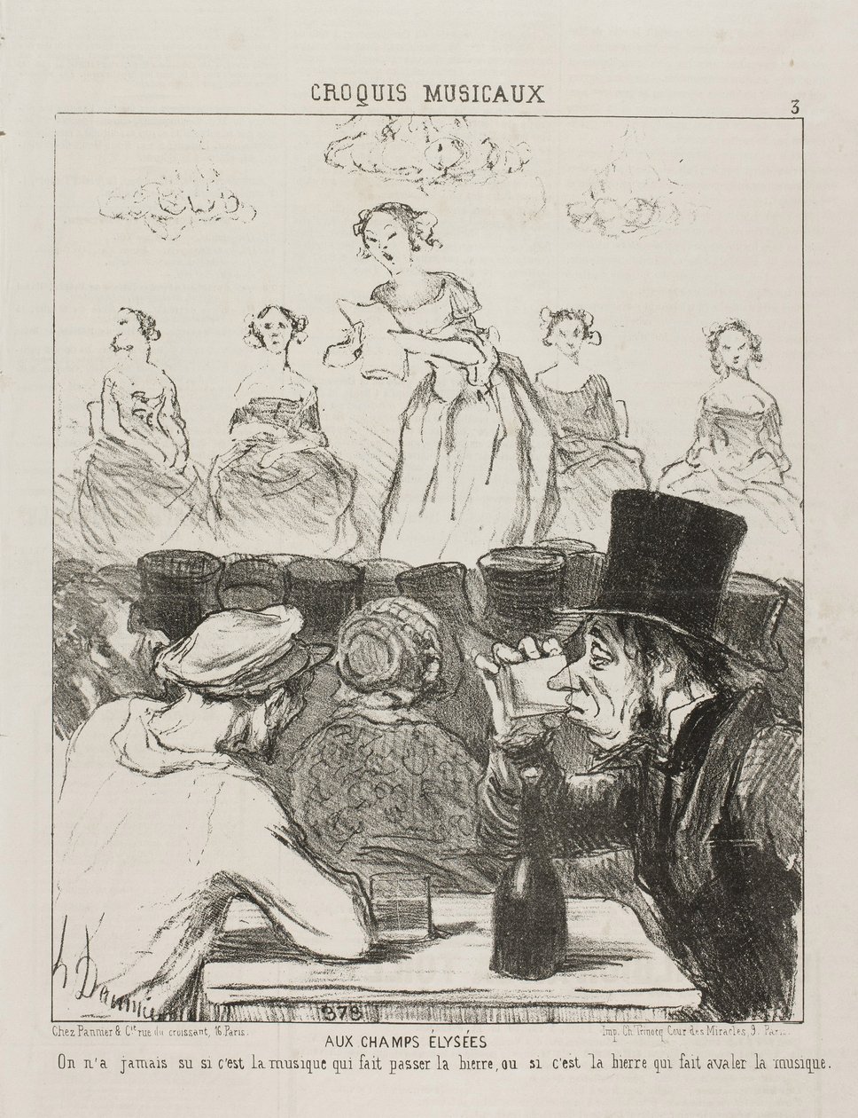 På Champs-Elysées har det aldri vært helt klart om musikken får ølet til å gå ned, eller ølet som får deg til å svelge musikken, plate 3 fra Croquis Musicaux, 1852 av Honoré Daumier