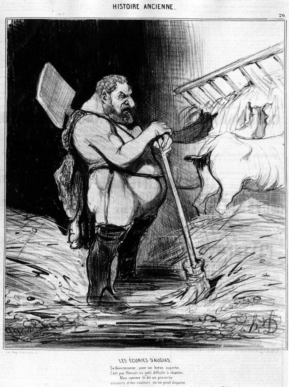 Augias stall. Mann med utseende som en dverg i en stall: hentet fra "" Ancient History"", karikatur av Honore Daumier av Honoré Daumier