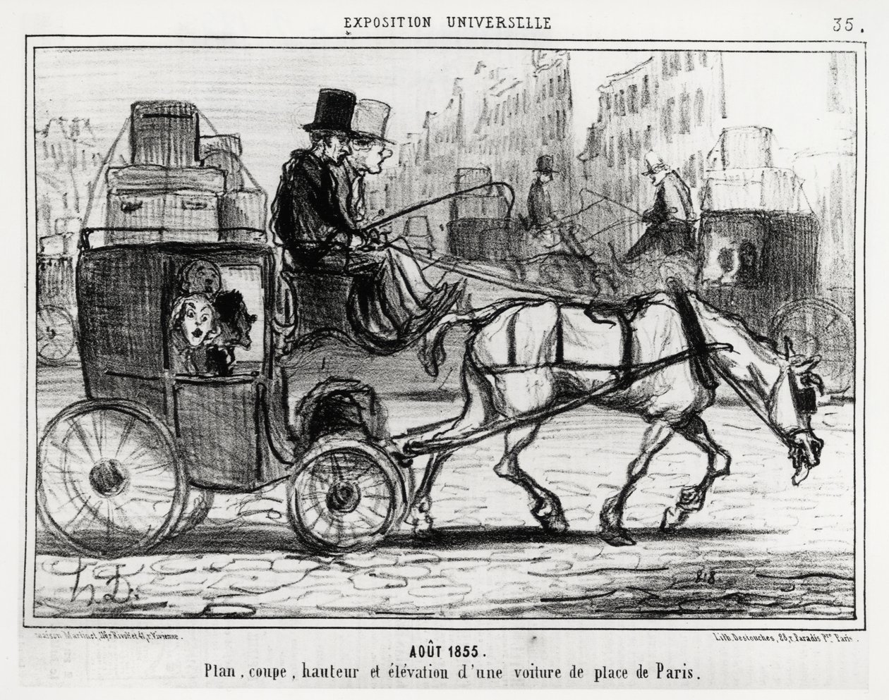 August 1855, universell utstilling: plan, kutt, høyde og høyde av en Paris-bil. Illustrasjon av Honore Daumier (1808-1879), publisert i nyhetene, "" Charivari", datert 4. september av Honoré Daumier
