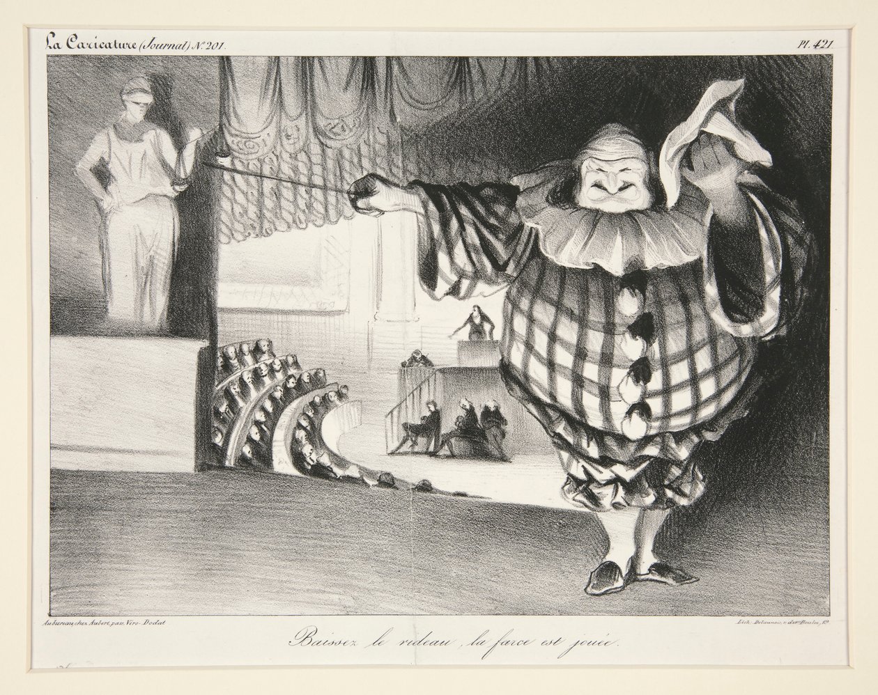 Baissez le rideau, la farce est jou?e. (Senk forhenget, farsen er over.), pl. 421 fra tidsskriftet La Caricature nr. 201 av Honoré Daumier