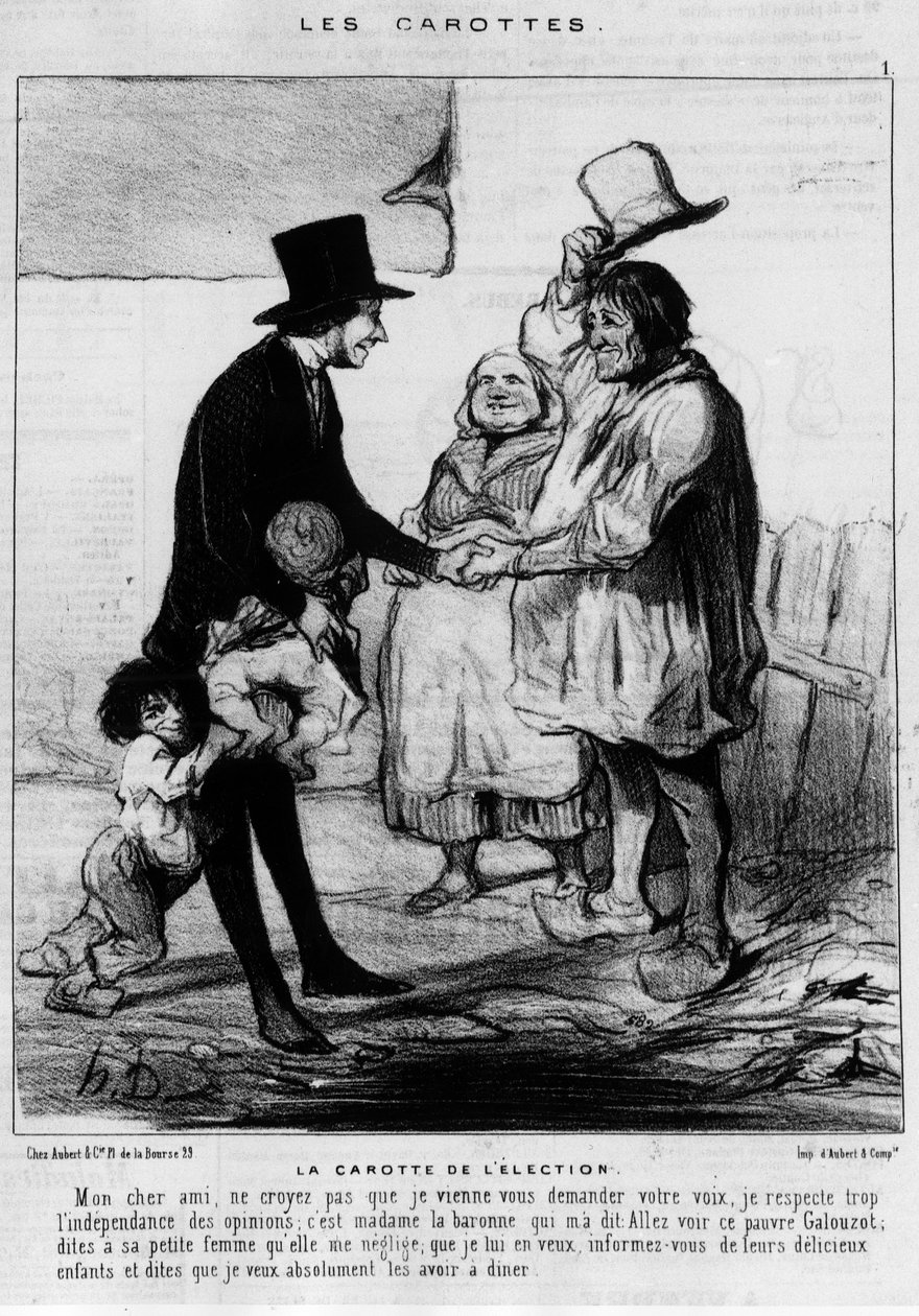 Kandidat for valgbesøk i en bondefamilie: "" Valgets gulrot"" - tegneserie av Daumier, i "" Charivari"" av 21.03.1844 av Honoré Daumier