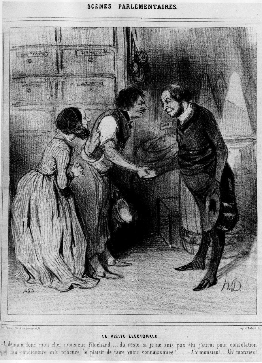 Kandidat for valgbesøk hos kjøpmenn: "" Valgbesøket""" - tegneserie av Daumier, i "" Charivari"" av 08.04.1844 av Honoré Daumier
