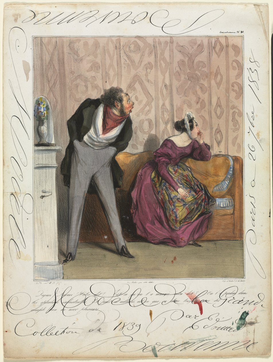 Caricaturana (plate 36): Fra hva! Fra hva! Din medgift?... av Honoré Daumier