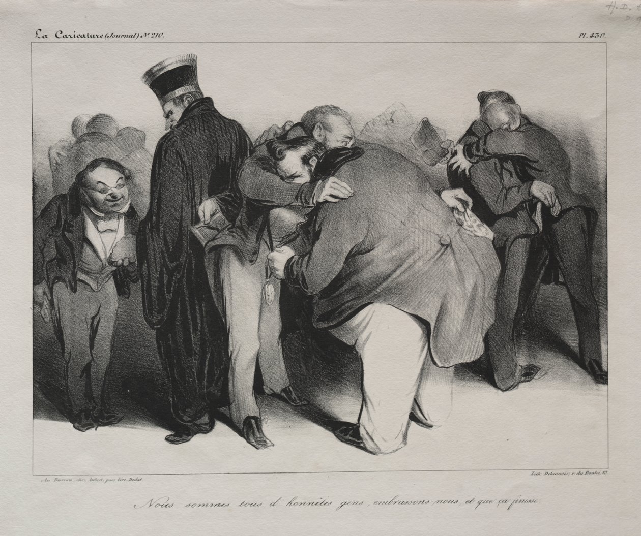Karikatur, plate 439: Vi er alle ærlige menn, så la oss omfavne og bli ferdige med det av Honoré Daumier