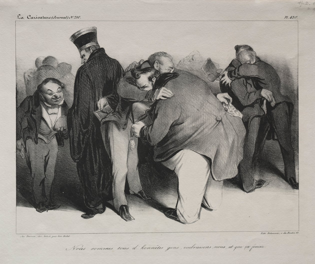 Karikatur, plate 439: Vi er alle ærlige menn, så la oss omfavne og bli ferdige med det, 1834. av Honoré Daumier