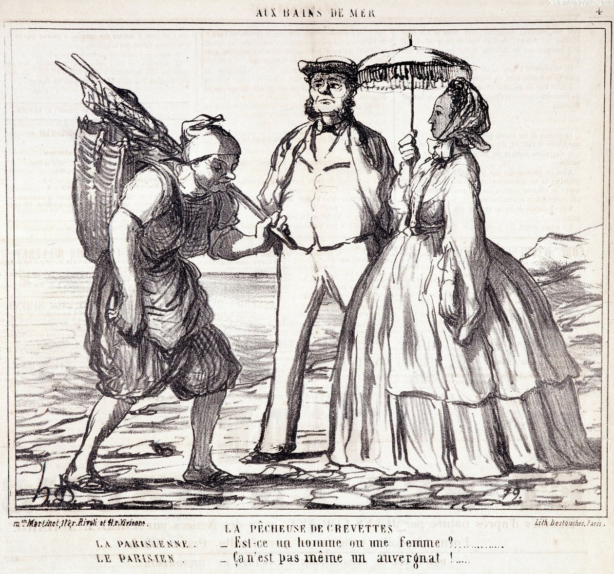 Tegneserie om parisiske turister på ferie. Serie "" Axe Bains de Mer"": "" Rekefisket..." Gravering av Honore DAUMIER (1808-1879). Utdrag fra avisen "" Le Charivari"" 5. september av Honoré Daumier