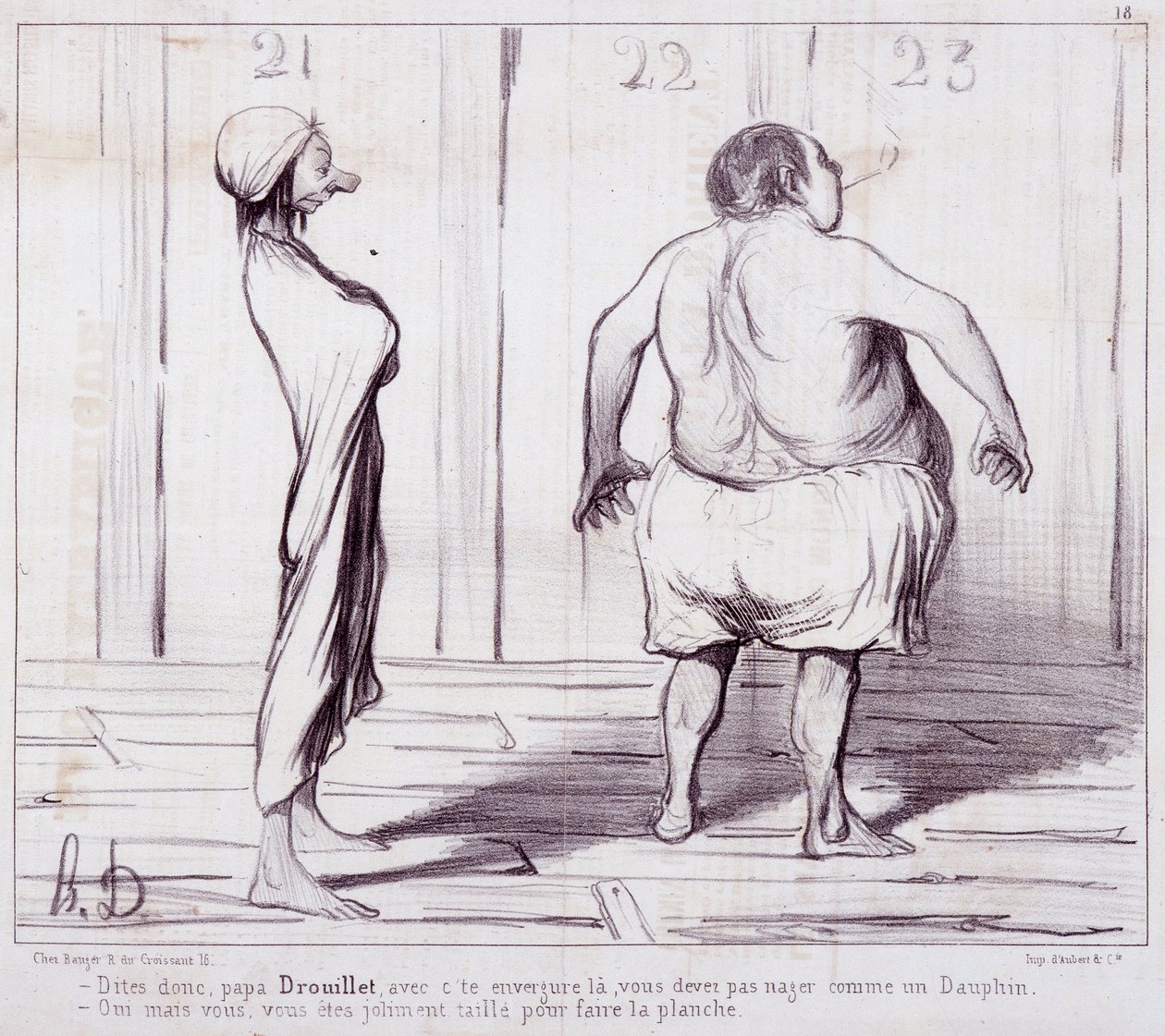 Tegneserie om utseende. Serie "" The Bathers"": Fortell pappa Drouillet..."" Gravering av Honore DAUMIER (1808-1879). Utdrag fra avisen "" Le Charivari"". Mål 25x36cm. boks 12 Marseille, Musee des Beaux-Arts, Palais Longchamps, Collection Arts Graphi av Honoré Daumier