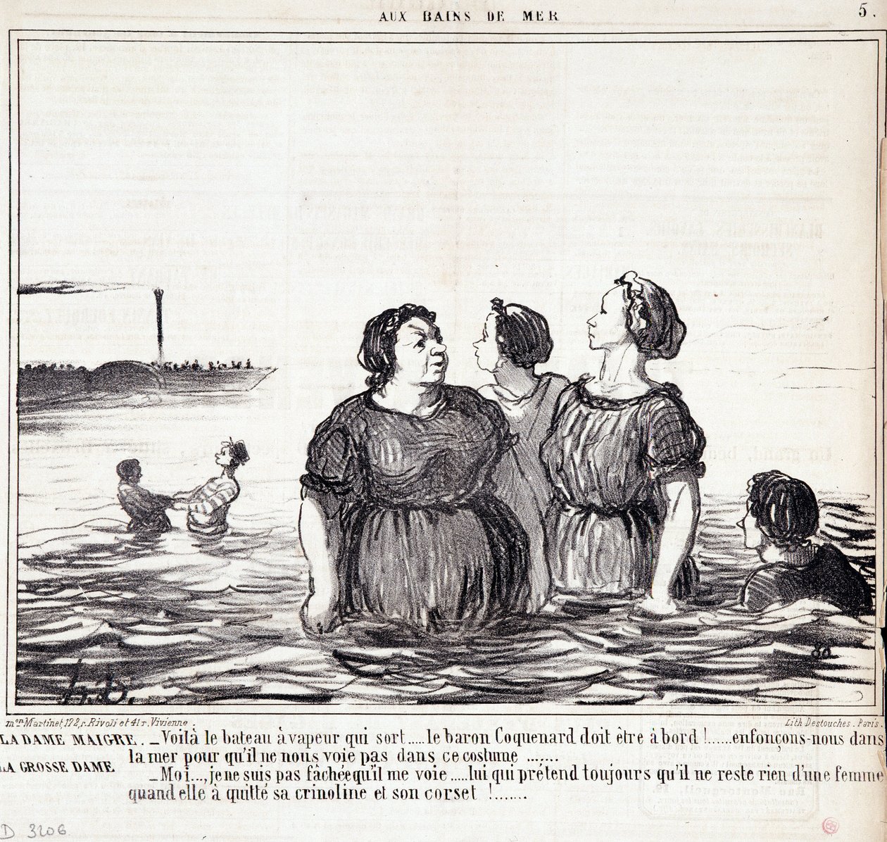 Tegneserie om utseende og mote. Serien “” Les Bains de Mer””: “” Den magre damen (...), den tykke damen (...)” Gravering av Honore DAUMIER (1808-1879). Utdrag fra avisen "" Le Charivari"" 16. september av Honoré Daumier