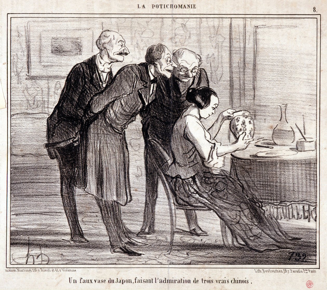 Tegneserie om kunstsamlere. Serien "" Potichomania"": "" En falsk vase fra Japan som beundrer tre kinesere." Gravering av Honore DAUMIER (1808-1879). Utdrag fra avisen "" Le Charivari"" av Honoré Daumier