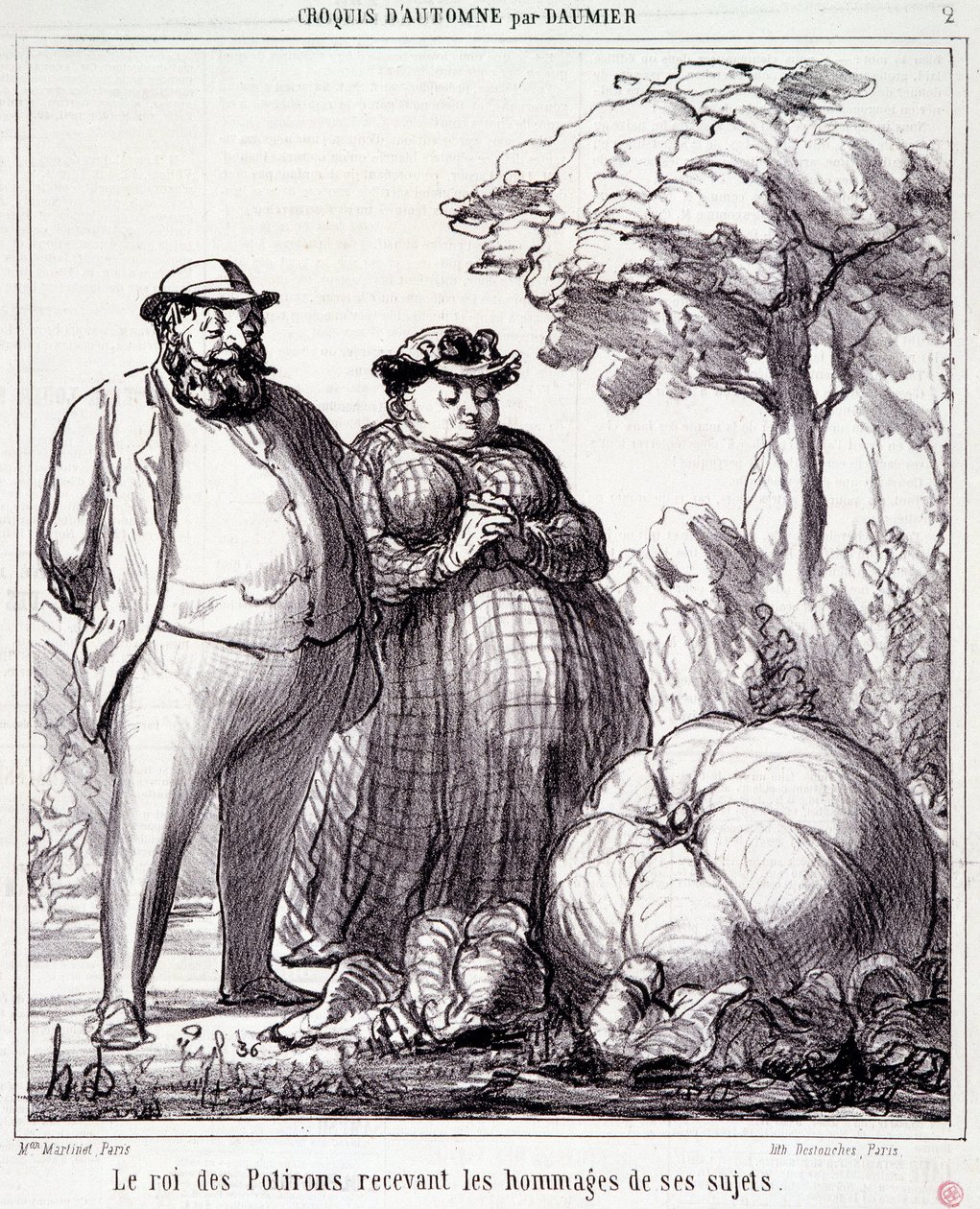 Tegneserie om hagearbeid. Serie "" Autumn Sketch"": "" The King of Pumpkins mottar hyllest fra sine undersåtter"". Gravering av Honore DAUMIER (1808-1879). Utdrag fra avisen "" Le Charivari"" 23. september av Honoré Daumier