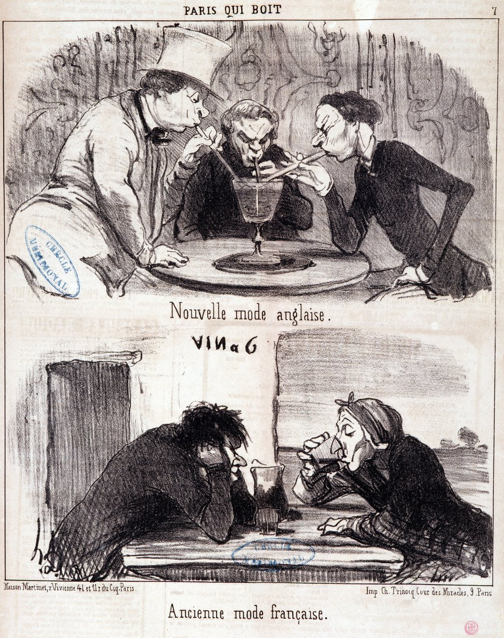 Tegneserie om gastronomiske overgrep. "Paris qui drinks"-serien: ny engelsk mote og gammel fransk mote. Gravering av Honore DAUMIER (1808-1879). Utdrag fra avisen “” Le Charivari”” 23. juni 1852 Dim 37x26 cm Inv D 2312 - eske 24 N¡7. Marseille, Muse av Honoré Daumier