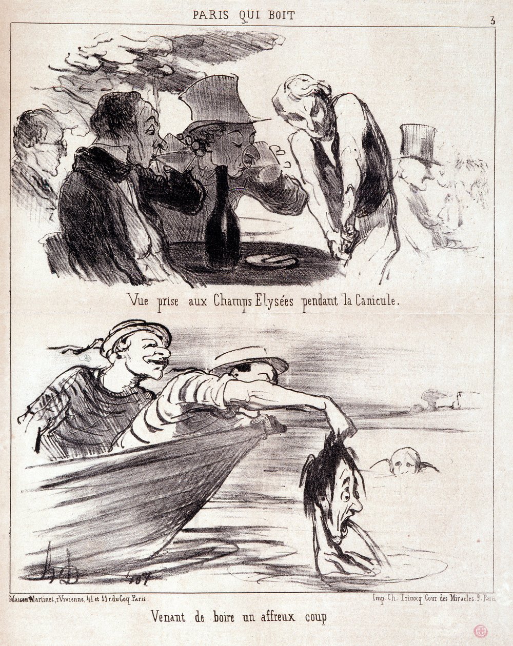 Tegneserie om gastronomiske overgrep. Serie "" Paris qui boire"": "" utsikt tatt på Champs Elysees under hetebølgen. Drakk bare et forferdelig slag." Gravering av Honore DAUMIER (1808-1879). Utdrag fra avisen "" av Honoré Daumier