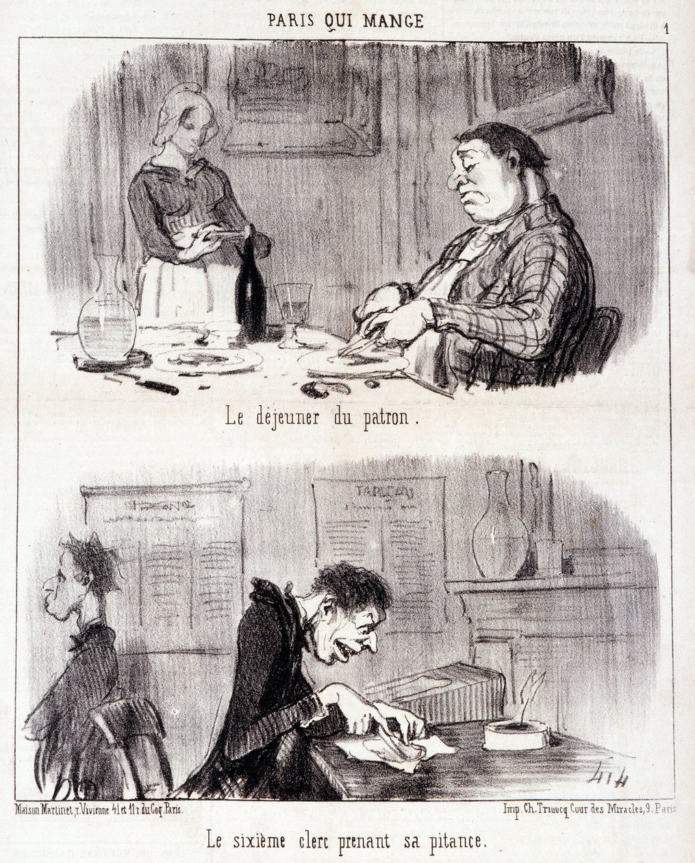 Tegneserie om gastronomiske overgrep. Serie “” Paris qui mange””: Sjefens frokost. Den sjette ekspeditøren tar elendig. Gravering av Honore DAUMIER (1808-1879). Utdrag fra avisen "" Le Charivari"" 26. juni av Honoré Daumier