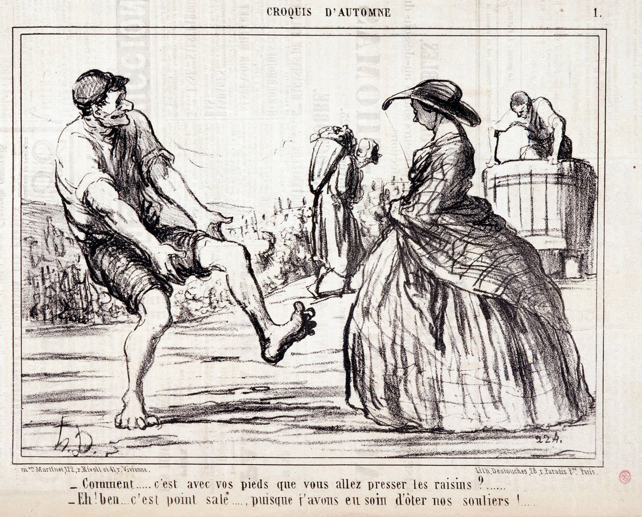 Tegneserie om høstere som tråkker på barbeinte druer. Serie “” Autumn Sketch””: “” Hvordan... skal du presse druene med føttene? ...” Gravering av Honore DAUMIER (1808-1879). Utdrag fra avisen "" Le Charivari"" av Honoré Daumier