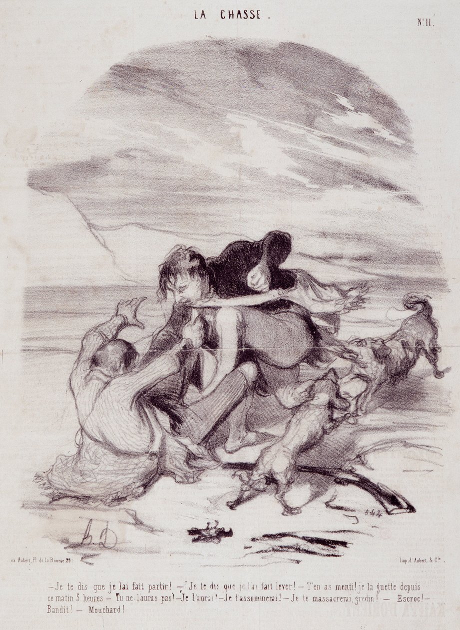 Tegneserie om jegere. Serien “” The Beautiful Days of Life - The Hunting””: “” Jeg forteller deg at jeg fikk ham til å gå...”” Gravering av Honore DAUMIER (1808-1879). Utdrag fra avisen "" Le Charivari"" 10. januar av Honoré Daumier