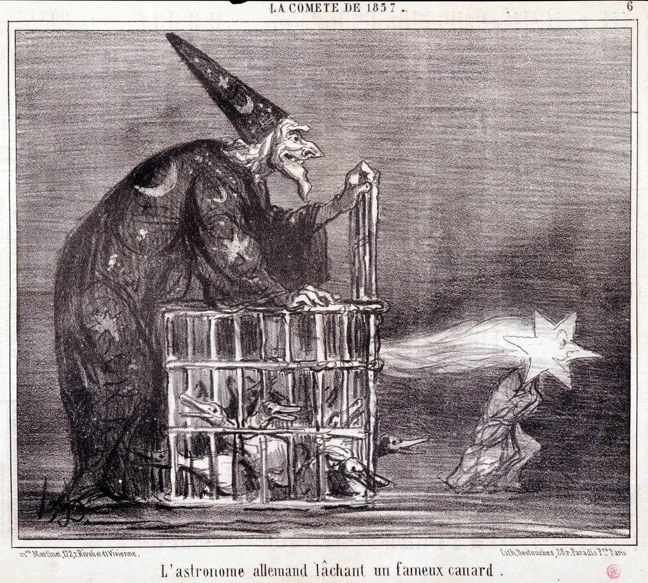 Tegneserie om vitenskap. Serie Sur "" kometen fra 1857"": "" Den tyske astronomen forlater en berømt and""". Gravering av Honore DAUMIER (1808-1879). Utdrag fra avisen "" Le Charivari"" 2. mars av Honoré Daumier