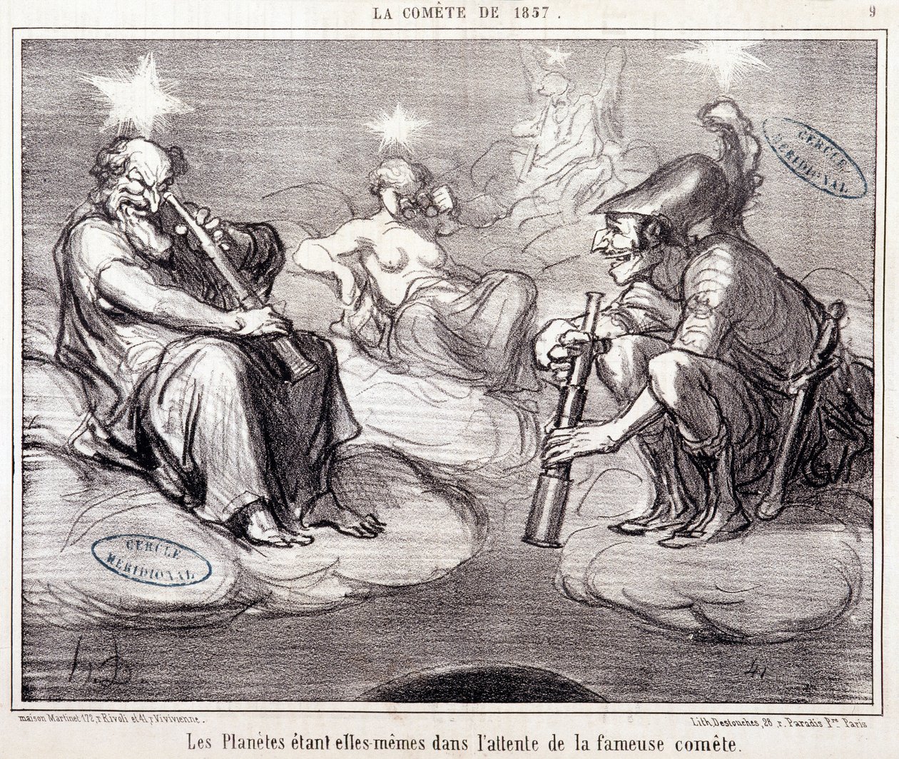 Tegneserie om vitenskap. Serie Sur “” the Comete of 1857””: “” Planetene selv venter på den berømte kometen”””. Gravering av Honore DAUMIER (1808-1879), 25. mars av Honoré Daumier