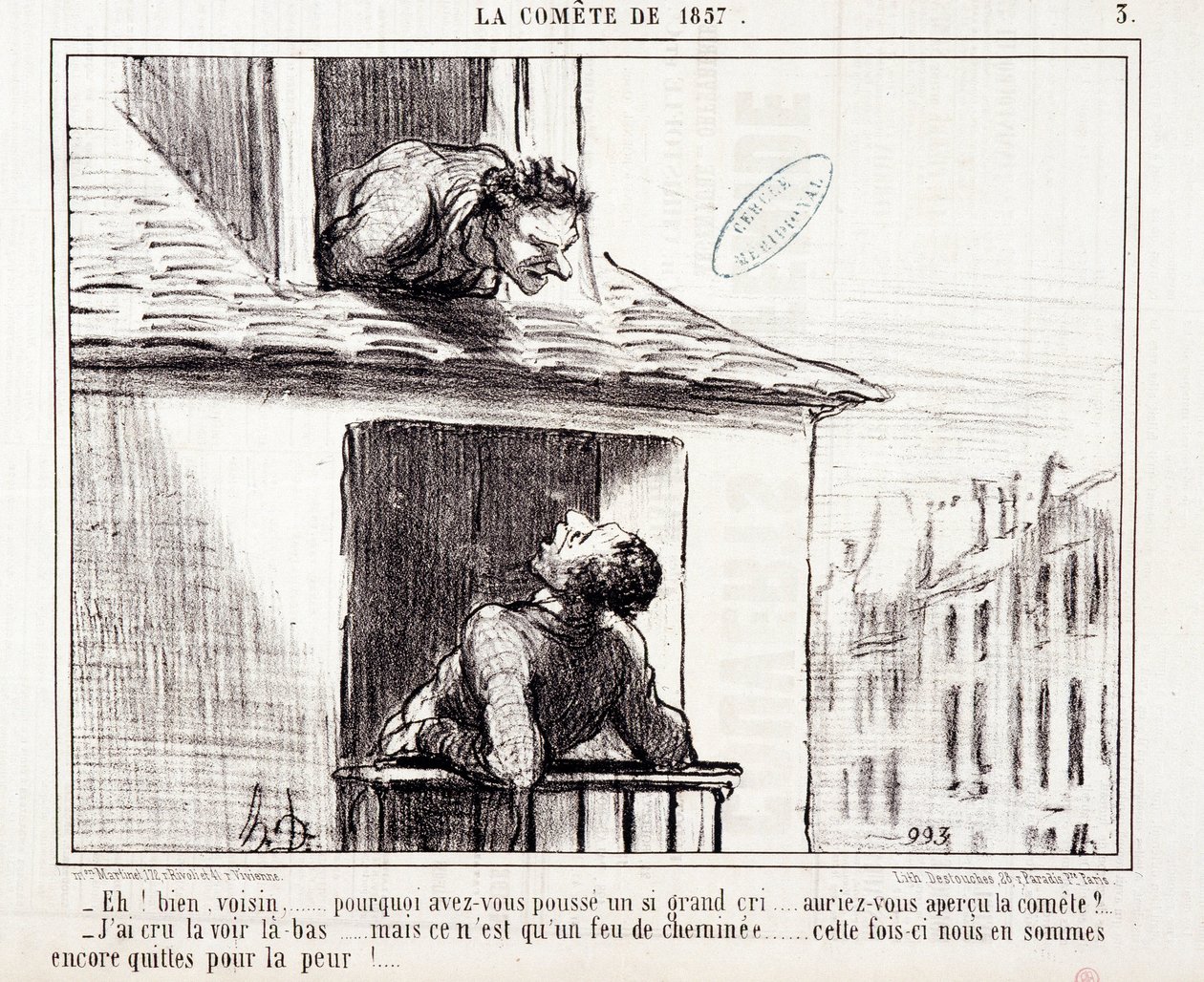 Tegneserie om vitenskap. Serie Sur “” the Comete of 1857””: “” Vel nabo... hvorfor gjorde du et så stort rop...”” Gravering av Honore DAUMIER (1808-1879). Utdrag fra avisen "" Le Charivari"" 11. mars av Honoré Daumier