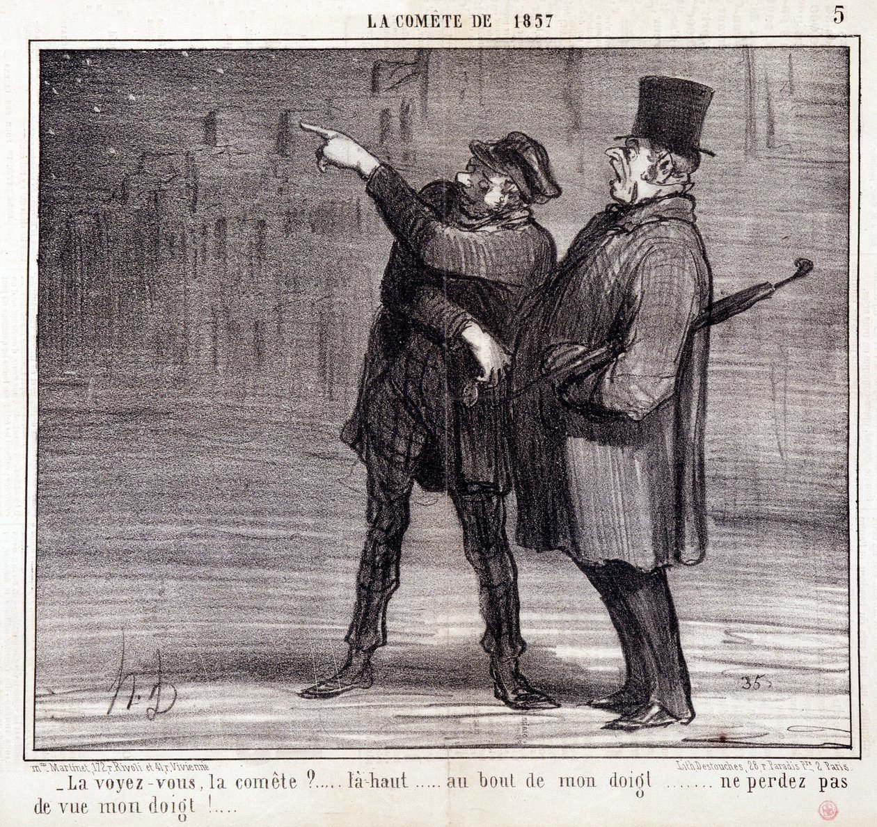 Tegneserie om vitenskap. Serie om “” kometen fra 1857”: “” Ser du komiteen?...” En tyv avleder offerets oppmerksomhet. Gravering av Honore DAUMIER (1808-1879). Utdrag fra avisen "" Le Charivari"" 19. mars av Honoré Daumier