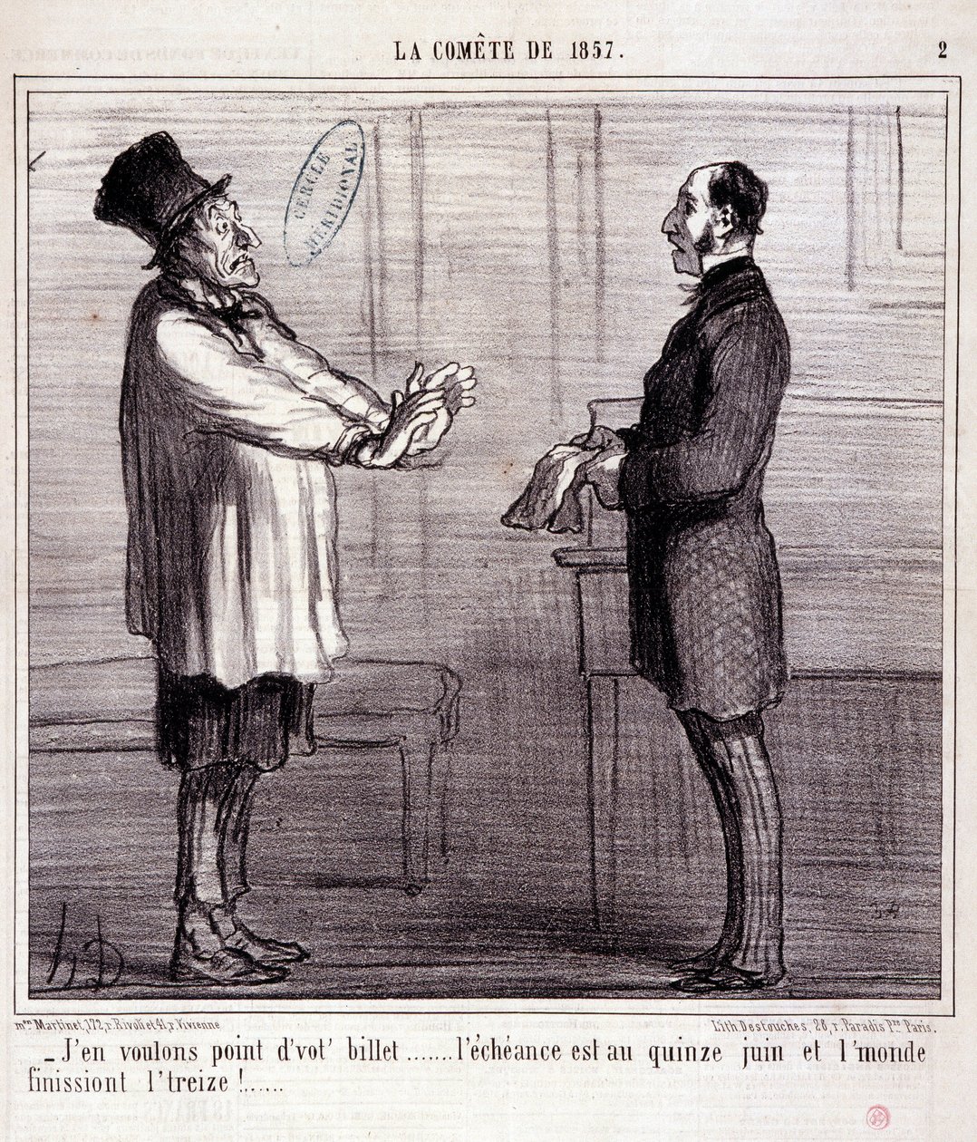 Tegneserie om vitenskap. Serie om “” the Comete of 1857””: I want no ticket...” Gravering av Honore DAUMIER (1808-1879). Utdrag fra avisen "" Le Charivari"" 4. mars av Honoré Daumier
