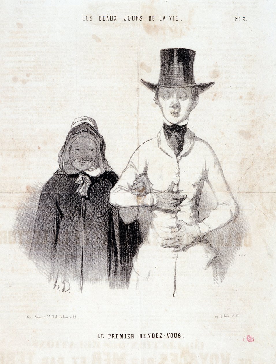 Tegneserie om paret: Serie "" The Beautiful Days of Life"": "The first date"". Gravering av Honore DAUMIER (1808-1879). Utdrag fra avisen “” Le Charivari””, 2.-3. januar av Honoré Daumier