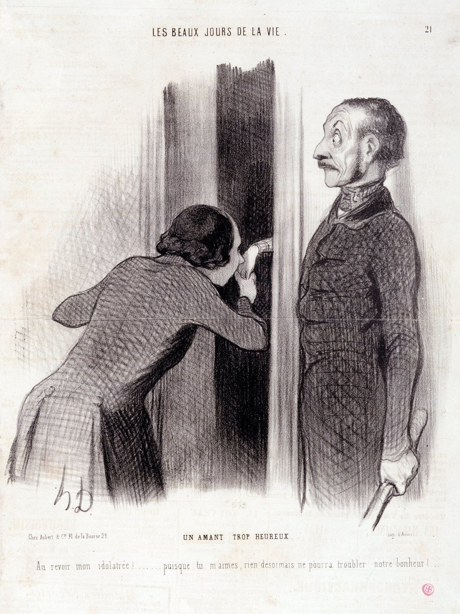 Tegneserie om paret. Serien "" The Beautiful Days of Life"": "" En elsker for glad..." Gravering av Honore DAUMIER (1808-1879). Utdrag fra avisen "" Le Charivari"" 1. september av Honoré Daumier