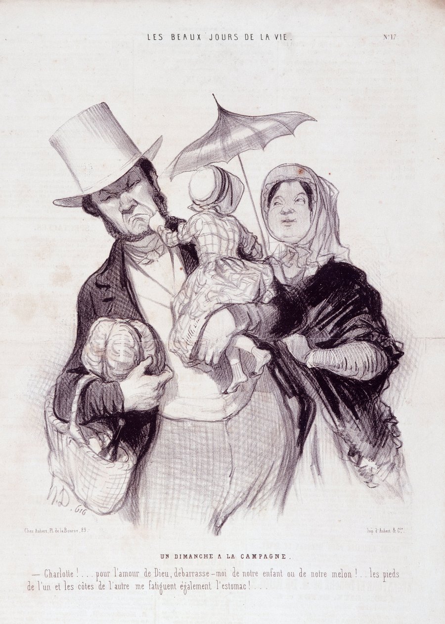 Tegneserie om familien. Serien “” The Beautiful Days of Life””: A Sunday in the countryside...” Gravering av Honore DAUMIER (1808-1879). Utdrag fra avisen "" Le Charivari"" 21. juli av Honoré Daumier