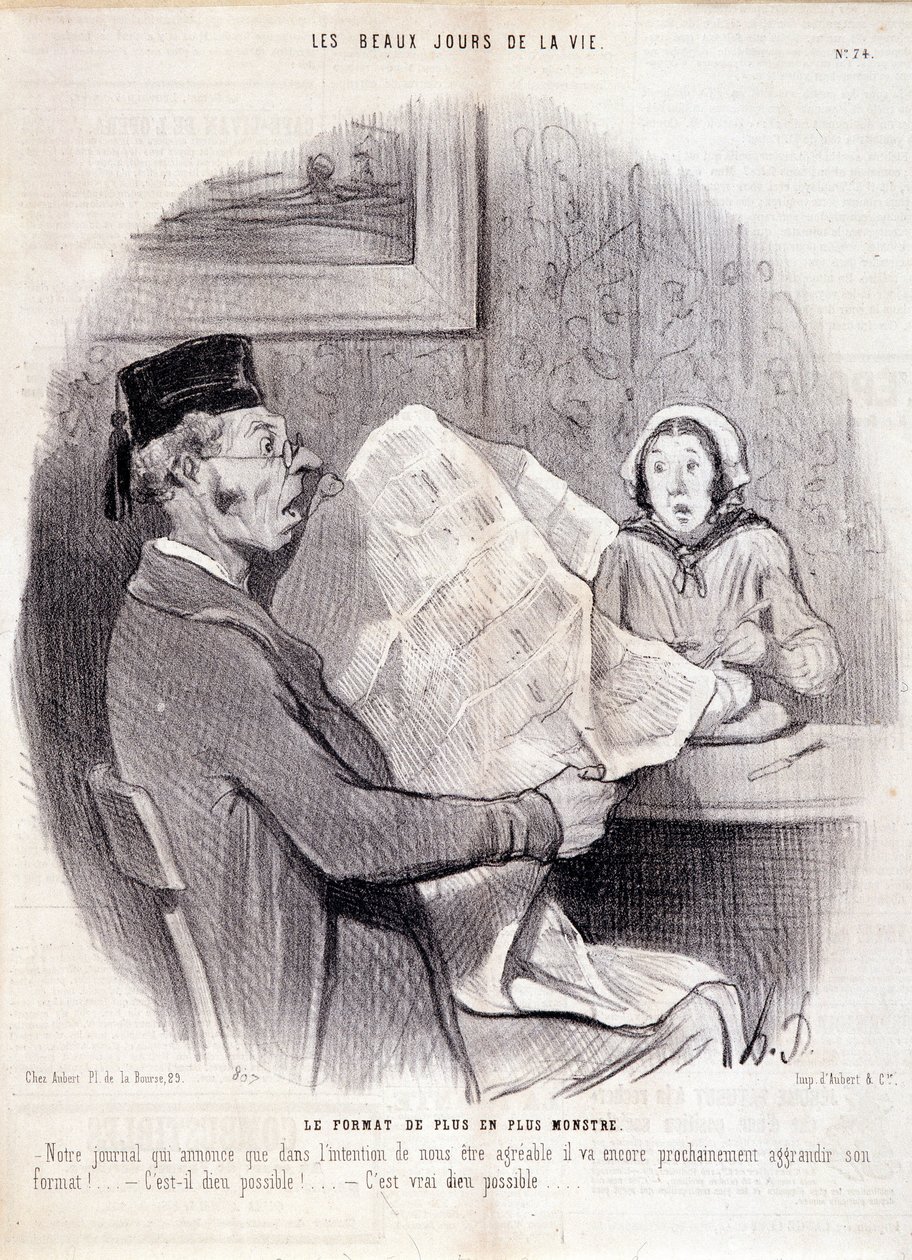 Tegneserie om pressen. Serien “” The Beautiful Days of Life””: “” Det stadig mer monsterformatet...””. Gravering av Honore DAUMIER (1808-1879). Utdrag fra avisen "" Le Charivari"" 18. oktober av Honoré Daumier