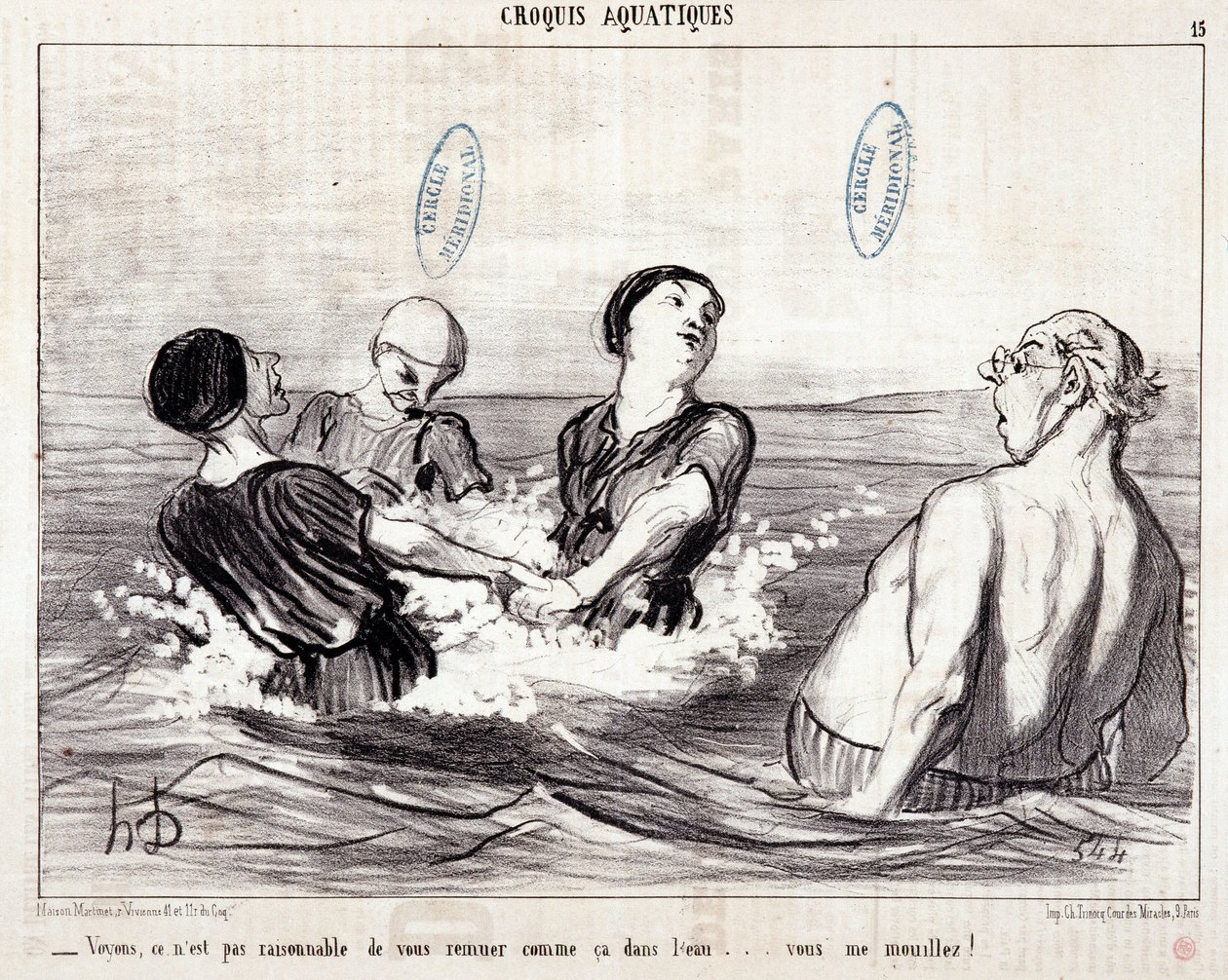 Tegneserie om turister på ferie ved sjøen. Serie "" Les Bains de Mer"": "" Vannskisse. La oss se at det ikke er rimelig å røre deg sånn i vannet... du fukter meg!» Gravering av Honore DAUMIER (1808-1879). Utdrag fra avisen "" Le Chariv av Honoré Daumier