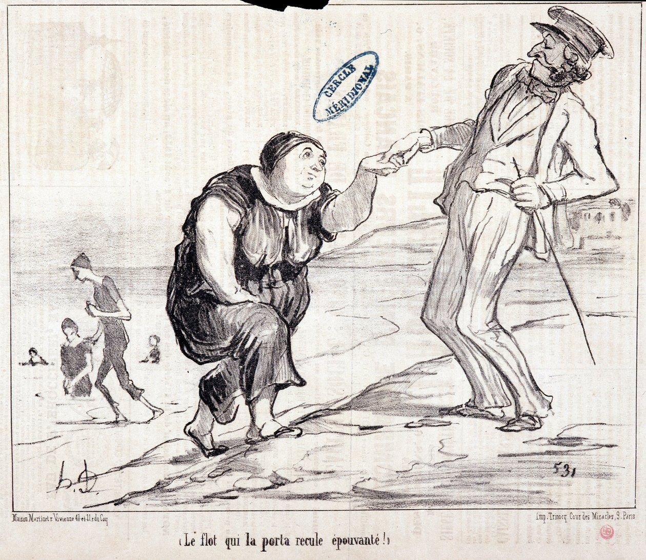 Tegneserie om turister på ferie. Serie "" Axe Bains de Mer: "" Flommen som førte den tilbake skremmende! "" Gravering av Honore DAUMIER (1808-1879). Utdrag fra avisen "" Le Charivari"" av Honoré Daumier