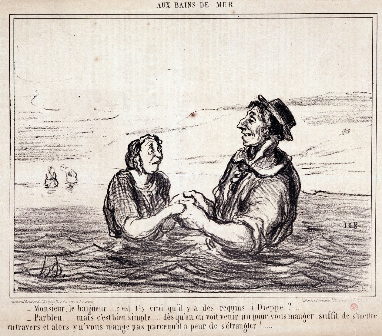Tegneserie om turister på ferie. Serie “” aux Bains de Mer””: “” Monsieur le bathneur... er det sant at det er haier i Dieppe?...” Gravering av Honore DAUMIER (1808-1879). Utdrag fra avisen "" Le Charivari"" 8. juni av Honoré Daumier