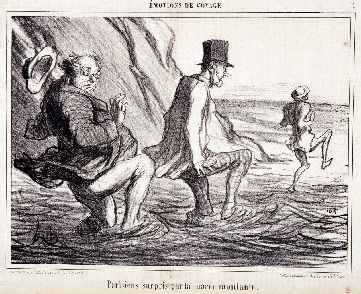 Tegneserie om turister på ferie. Serie "" Axe Bains de Mer: "" Reisefølelser. Pariser fanget av den stigende hoppen””. Gravering av Honore DAUMIER (1808-1879). Utdrag fra avisen "" Le Charivari"" 8. oktober av Honoré Daumier
