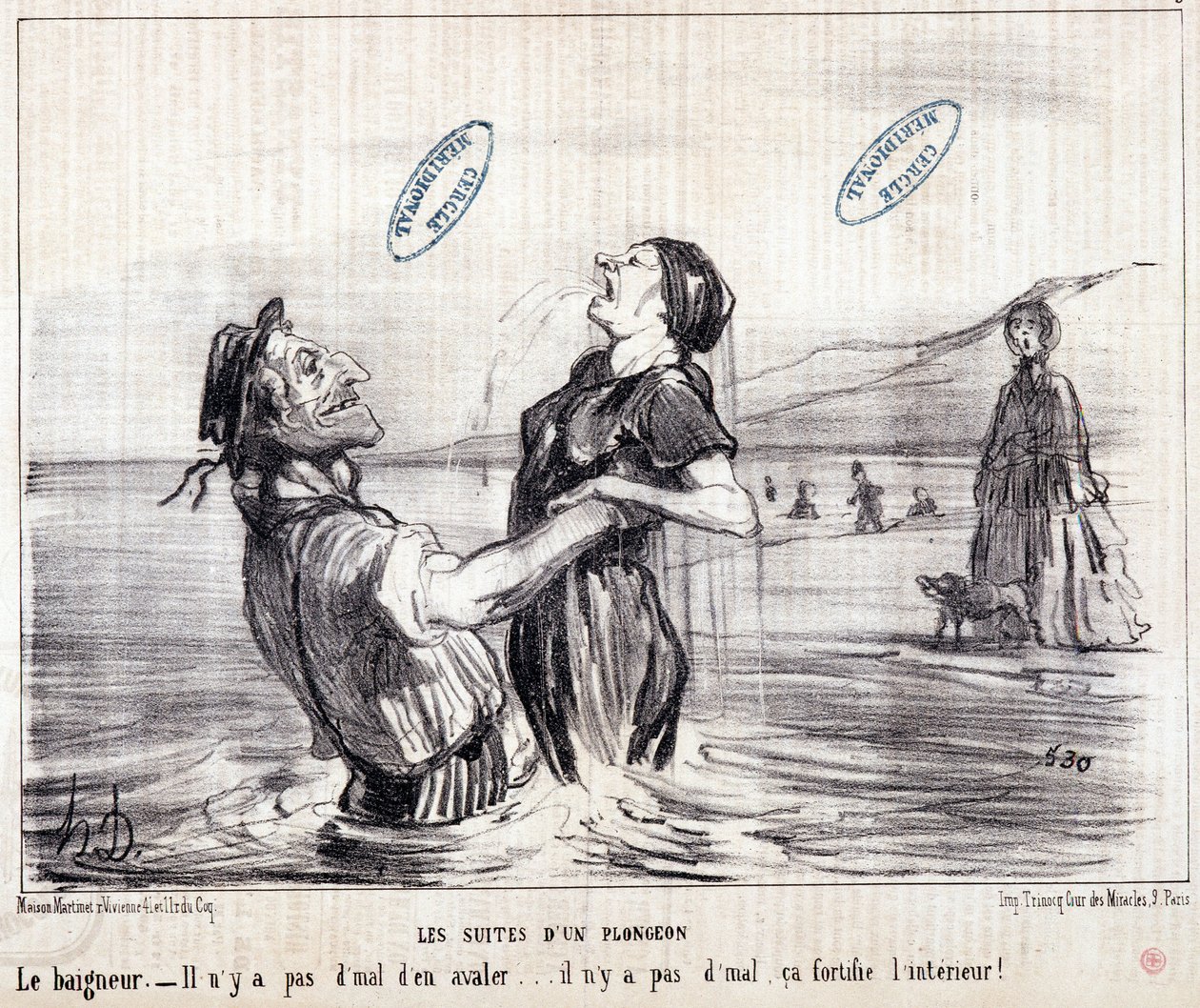 Tegneserie om turister på ferie. Serie "" Les Bains de Mer"": "" Vannskisse. Sekvensene til et dykk"". Gravering av Honore DAUMIER (1808-1879). Utdrag fra avisen “” Le Charivari”” i 1853. Mål: 24x28cm. Inv 2453 - boks 12 N¡1. Marseille, M av Honoré Daumier