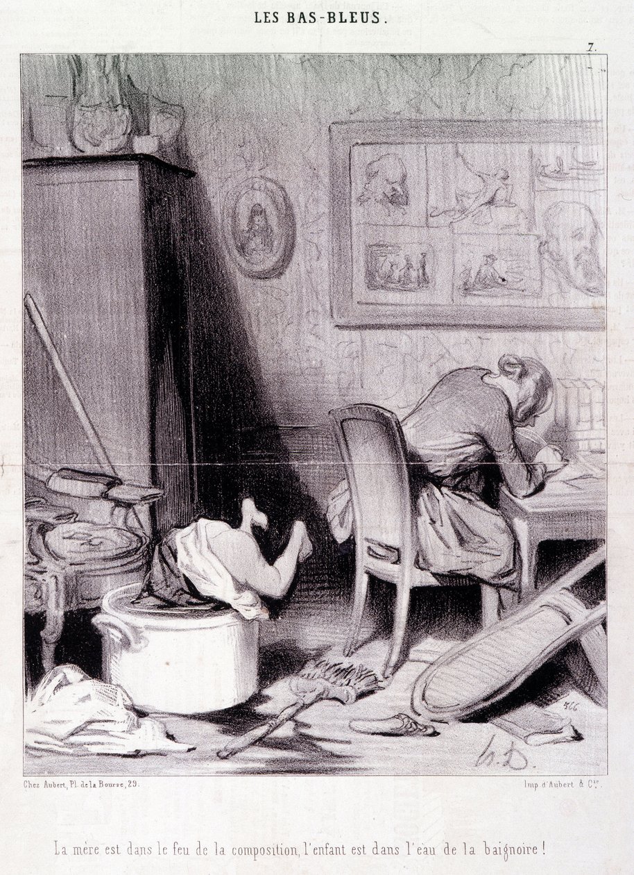 Tegneserie om kvinnelige forfattere. Serie "" Bas Bleus"": "" Moren er i komposisjonens ild, barnet er i badevannet! "" Gravering av Honore DAUMIER (1808-1879). Utdrag fra avisen "" Le Charivari"" 20. februar av Honoré Daumier
