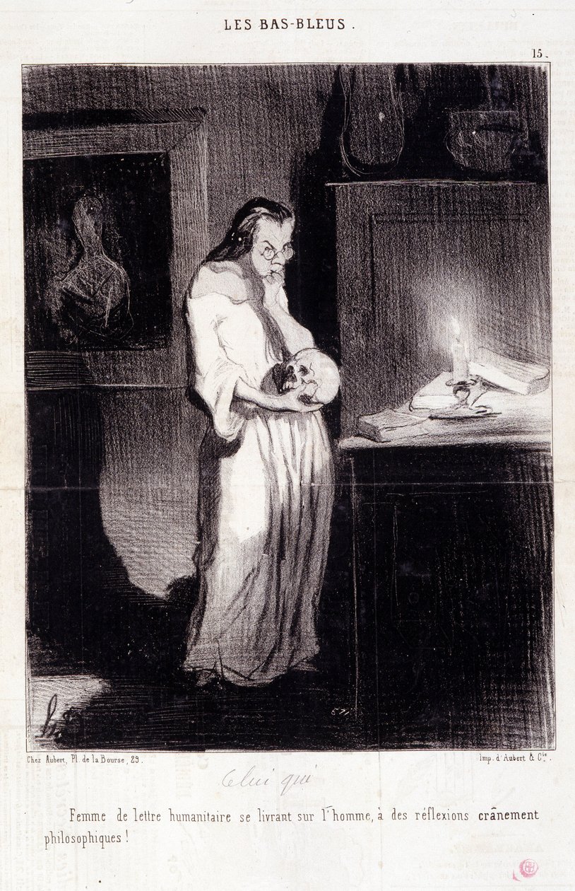 Tegneserie om kvinnelige forfattere. Serie "" Les Bas Bleus"": "" Kvinne med humanitært brev som hengir seg til en mann med skumle filosofiske refleksjoner! "" Gravering av Honore DAUMIER (1808-1879). Utdrag fra avisen "" Le Charivari"" 10. mars av Honoré Daumier
