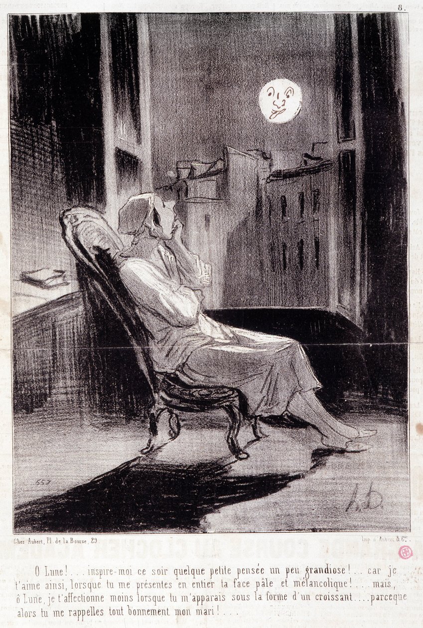 Tegneserie om kvinnelige forfattere. Serien "" Bas Bleus"": "" O! Månen inspirerer meg i kveld...”” Gravering av Honore DAUMIER (1808-1879). Utdrag fra avisen "" Le Charivari"" 28. februar av Honoré Daumier