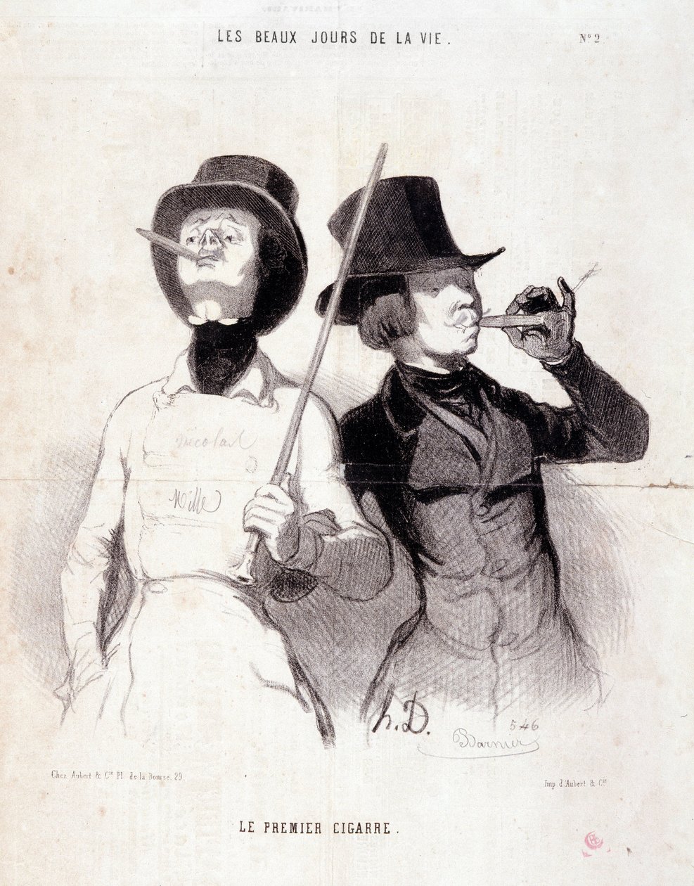 Tegneserie om unge Dandys. Serien "" The Beautiful Days of Life"": "" Den første sigaren"". Gravering av Honore DAUMIER (1808-1879). Utdrag fra avisen “” Le Charivari”” 31. desember 1843 Dim 37x25cm Inv 1089 - eske 8 N¡2. Marseille, Musee des Beaux av Honoré Daumier