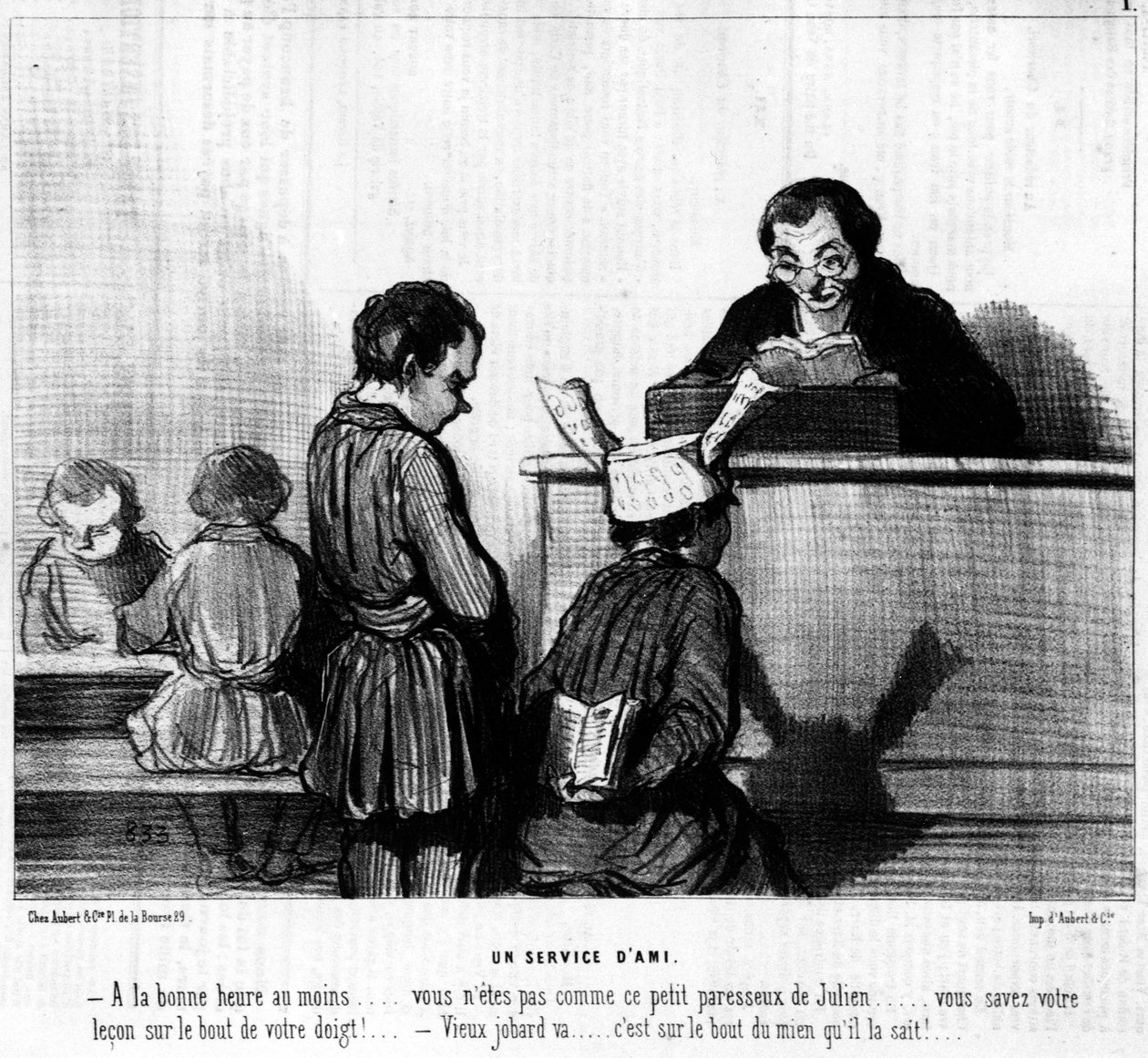Tegneserie av Daumier om mais og skolebarn. “” A Friend's service””: - I hvert fall til rett tid... du er ikke som denne late lille Julien... du kan læren din på fingertuppen! - Gamle jobard går... det er på tuppen av meg han vet av Honoré Daumier