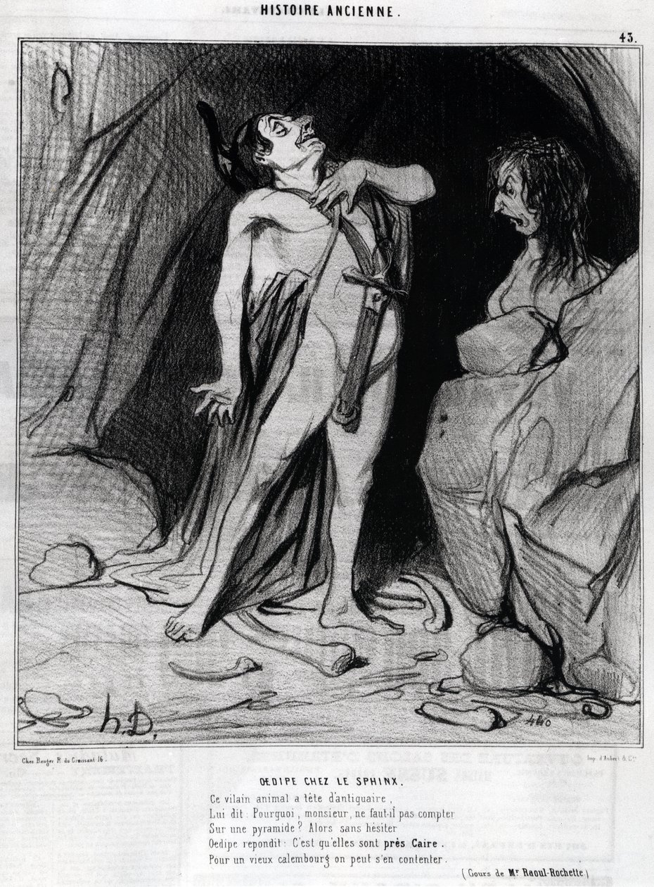 Tegneserie av Honore Daumier om Ødipus og sfinksen, -i "" Charivari", 12. desember av Honoré Daumier
