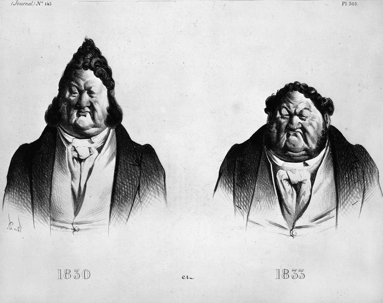 Tegneserie om Louis Philippe I (1773 - 1850) av Daumier (1808 - 1879) - i "" Journal", nr. 145. Gravering rundt 1833 av Honoré Daumier