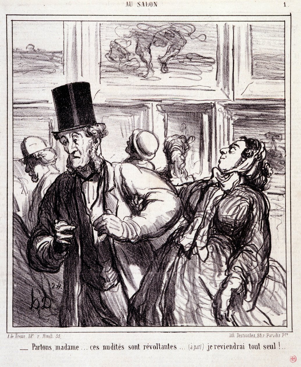 Tegneserie om kunstelskere: Serie "" Au salon"": La oss forlate frue... disse nakene er revoltanter... Jeg kommer tilbake helt alene"" Gravering av Honore DAUMIER (1808-1879). Utdrag fra avisen "" Le Charivari"" 5. mai av Honoré Daumier