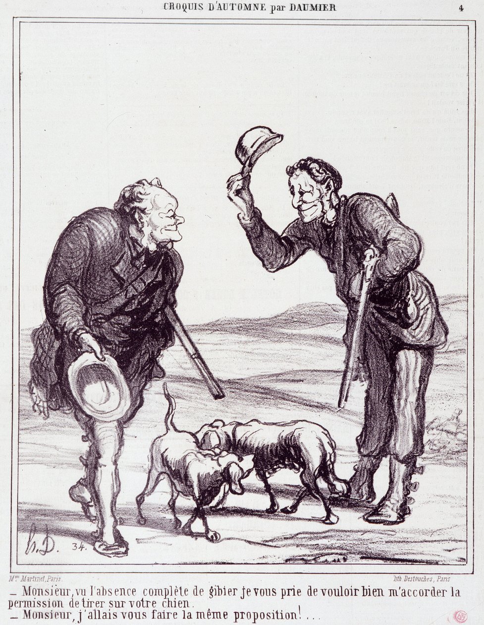 Tegneserie om jegerne: Serie “” Autumn Sketch””: “” Sir, gitt det fullstendige fraværet av vilt, vennligst gi meg tillatelse til å skyte hunden din...”” Gravering av Honore DAUMIER (1808-1879). Utdrag fra avisen "" Le Charivari"" 28. september av Honoré Daumier